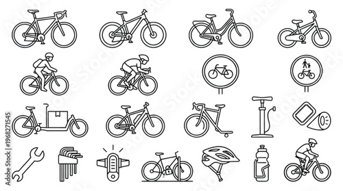 Dynamic Set of Cycling Themed Line Icons Featuring Diverse Bicycles, Active Riders, and Essential Gear for Sport, Fitness, and Urban Transportation
