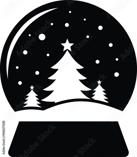 Silhouette snow globe with Christmas trees and falling snow vector illustration