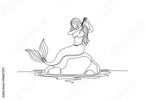 Ocean Rock Mermaid. Minimalistic one-line drawing mermaid seated on rock near sea combing hair, continuous single black line on white background, simple