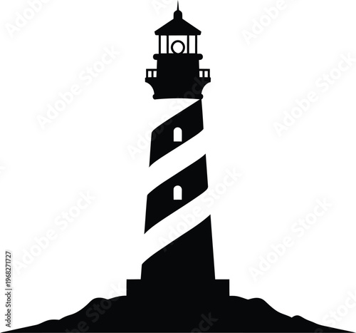 Silhouette striped lighthouse on rocky shore vector illustration