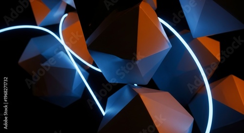 Abstract geometric shapes connected by glowing lines.