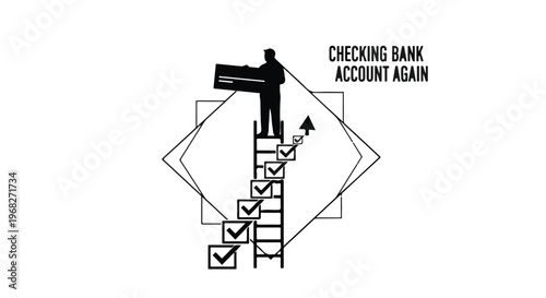 man checking bank account on phone climbing ladder to success