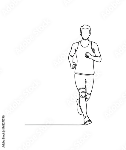 Jog in Place. Minimalistic one-line drawing person running on spot with arms moving, continuous single black line on white background, simple outline style, no