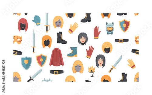 cosplay gear motifs seamless pattern, repeating pattern, surface design, textile print, modern illustration of swords, shields, wigs, masks, gloves, capes,