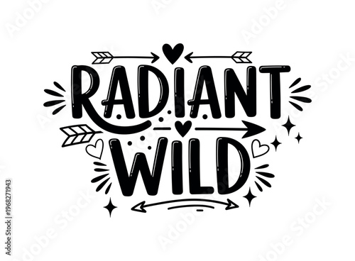 Radiant Wild. lettering and all elements in black. Vector style. AWhite background. Pure white background. Perfect isolation and visual consistency. Bold