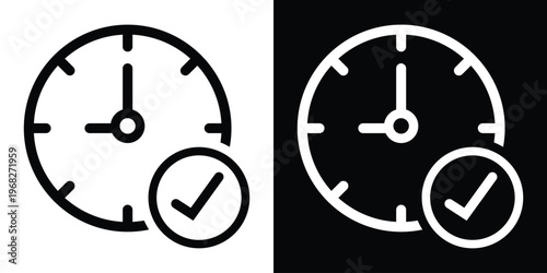 Flat line icon of a clock with a checkmark badge. Represents on-time delivery, task completion, and verified scheduling for business and productivity applications.