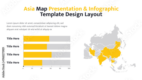 Asia continent map infographic template with highlighted nations and data bar graph