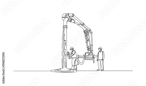 Pump Pour Scene. Minimalistic one-line drawing concrete flowing from pump hose with operators controlling, continuous single black line on white background,