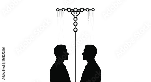 silhouette of two men facing each other with chain link divider