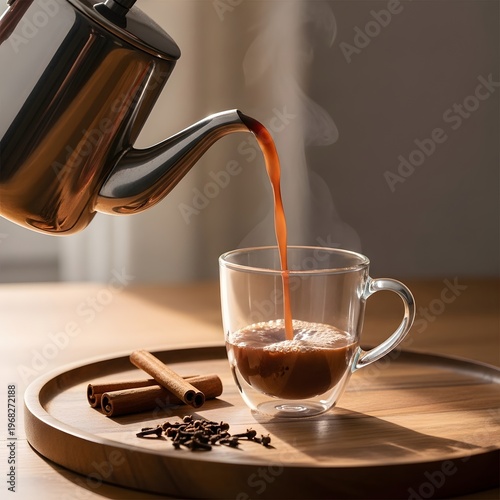 Pouring freshly brewed coffee into a transparent mug with coffee beans nearby