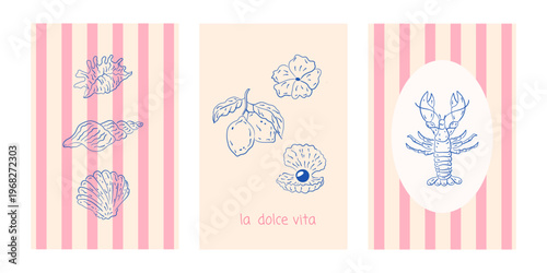 Hand draw la dolce vita vintage posters. Summer Italy. Amalfi. Vacation vector illustrations in ink line doodle sketch style postage stamps with image. Chalk style drawing for poster, placard, print
