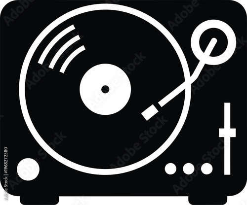 Silhouette vintage record player turntable with vinyl disc spinning music vector illustration
