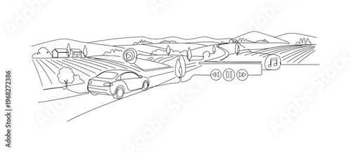 Scenic Music Drive. Minimalistic one-line drawing car traveling through countryside with playlist icons, continuous single black line on white background,