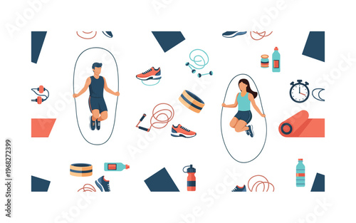 aerobic exercise patterns seamless pattern, repeating pattern, surface design, textile print, modern illustration of people jumping rope, fitness ropes,