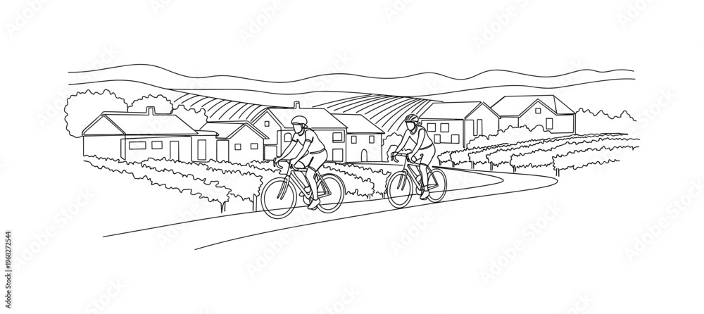 Fototapeta premium Scenic Ride. Minimalistic one-line drawing bicyclists riding past village houses with vineyard hills, continuous single black line on white background, simple