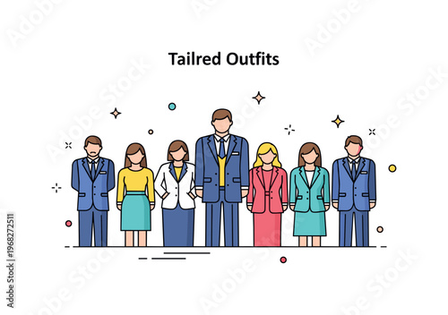 Tailored outfits formal event concept where a group wears coordinated tailored outfits while tiny sparkle and star icons highlight sophistication, occasion,