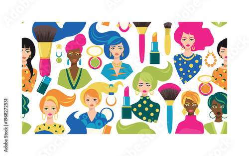 colorful glamour motifs seamless pattern, repeating pattern, surface design, textile print, modern illustration of models with bold makeup, colorful hair,