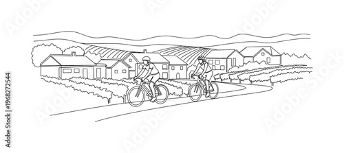 Scenic Ride. Minimalistic one-line drawing bicyclists riding past village houses with vineyard hills, continuous single black line on white background, simple