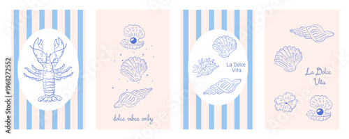 Hand draw la dolce vita vintage posters. Summer Italy. Amalfi. Vacation vector illustrations in ink line doodle sketch style postage stamps with image. Chalk style drawing for poster, placard, print