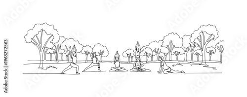 Nature Yoga Session. Minimalistic one-line drawing group of people practicing yoga poses in forest clearing, continuous single black line on white background,