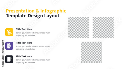 Business presentation slide with three service features and image placeholders