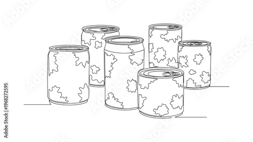 Rust Accumulation. Minimalistic one-line drawing metal cans with patchy rust textures, continuous single black line on white background, simple outline style,