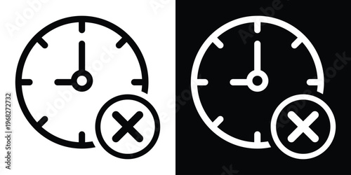 Clean vector icon of a clock with a cross mark badge. Used to signify late tasks, time errors, rejected schedules, or unavailable time slots in a professional UI style.