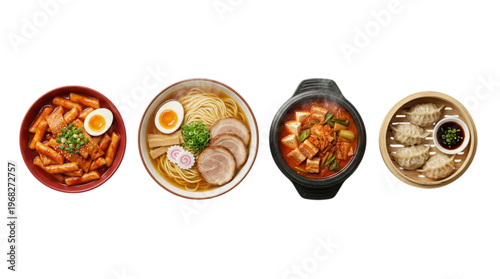 A delightful overhead view of a diverse selection of popular East Asian culinary dishes, showcasing vibrant flavors and textures ready to be enjoyed as a gourmet meal