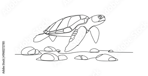 Turtle Travel. Minimalistic one-line drawing sea turtle gliding past underwater rocks, continuous single black line on white background, simple outline style,