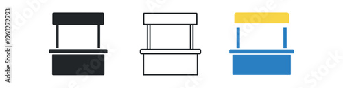 Market stall icon set. vendor booth, kiosk, market stand, fair, trade, sales, pop up shop, vendor. line, flat and colored vector icon set.