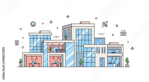 Modern architecture minimalist residential concept where a modern home features clean lines, large windows, and landscaped surroundings while tiny sparkle and