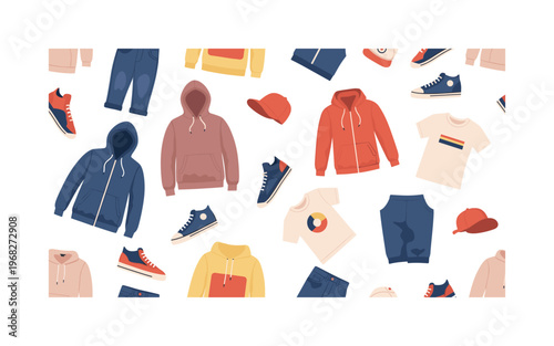casual wear icons seamless pattern, repeating pattern, surface design, textile print, modern illustration of hoodies, jeans, t-shirts, sneakers, jackets and