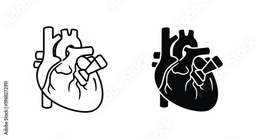 Two anatomical heart illustrations presented in a stark black silhouette