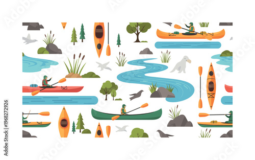 paddling adventure motifs seamless pattern, repeating pattern, surface design, textile print, modern illustration of kayaks, canoes, paddles, rivers, lakes,