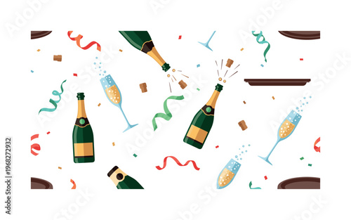 cheers icons seamless pattern, repeating pattern, surface design, textile print, modern illustration of champagne flutes, sparkling bubbles, bottles, corks,