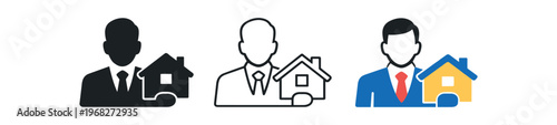 Real estate agent icon set. realtor holding house, property, home, broker, sale, mortgage. outline flat and colored vector illustration.
