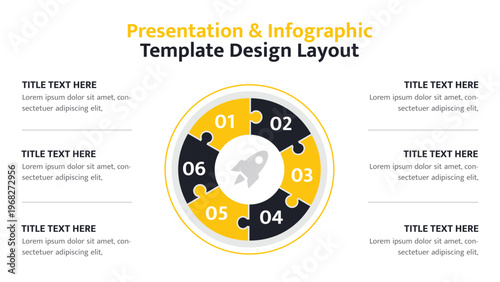 Circular puzzle diagram with six numbered pieces surrounding a central rocket symbol
