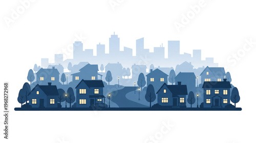 An enchanting evening illustration of a suburban town, featuring cozy homes with warmly lit windows against a serene, misty cityscape background