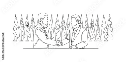 International Diplomacy. Minimalistic one-line drawing diplomats shaking hands across a table with flags behind them, continuous single black line on white