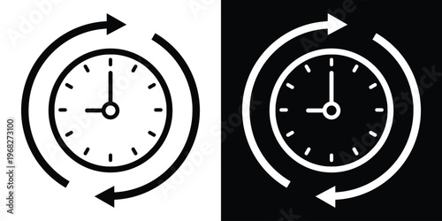 Minimalist clock icon with circular arrows indicating refresh, history, or update. Vector line art in black and white versions, perfect for time management and process tracking concepts.