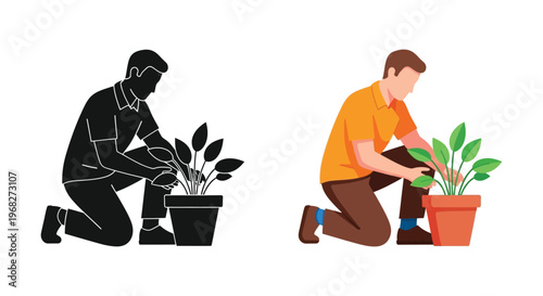Man tending to potted plant with color and black silhouette