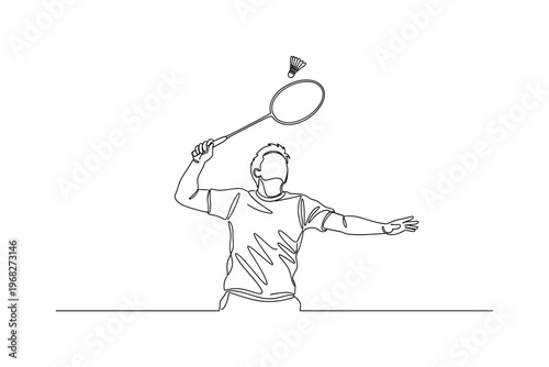 Badminton Serve. Minimalistic one-line drawing player performing serve with racquet, continuous single black line on white background, simple outline style, no