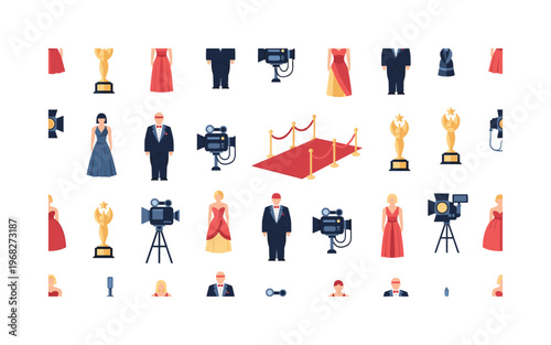 paparazzi motifs seamless pattern, repeating pattern, surface design, textile print, modern illustration of red carpets, cameras, spotlights, stars, gowns,