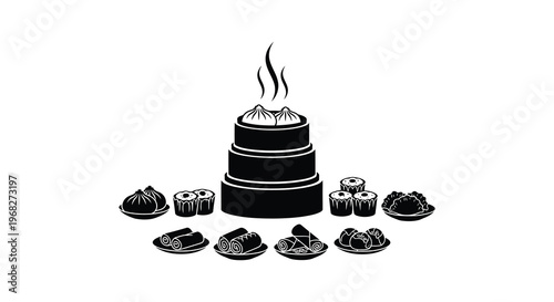 Asian cuisine illustration featuring dim sum and rolls black silhouette