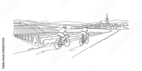 Scenic European Ride. Minimalistic one-line drawing bicyclists cycling along road with vineyards and village houses, continuous single black line on white