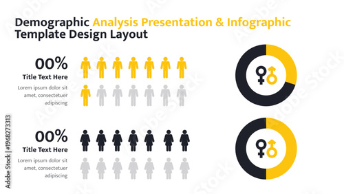 Demographic analysis presentation template displaying population statistics and gender distribution