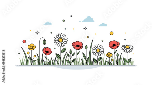 Spring flowers wildflower meadow concept where vibrant daisies, poppies, and buttercups stretch across a sunlit field while tiny sparkle and star icons