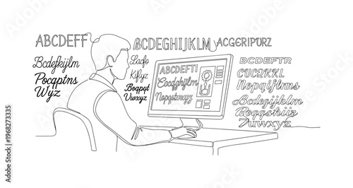Font Experimentation. Minimalistic one-line drawing designer trying different font styles on computer, continuous single black line on white background, simple