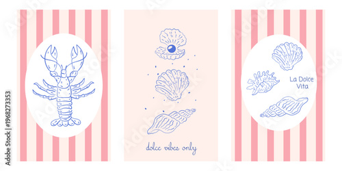 Hand draw la dolce vita vintage posters. Summer Italy. Amalfi. Vacation vector illustrations in ink line doodle sketch style postage stamps with image. Chalk style drawing for poster, placard, print