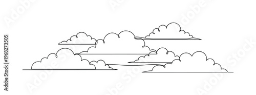 Cloudscape. Minimalistic one-line drawing clouds overlapping slightly forming serene sky, continuous single black line on white background, simple outline